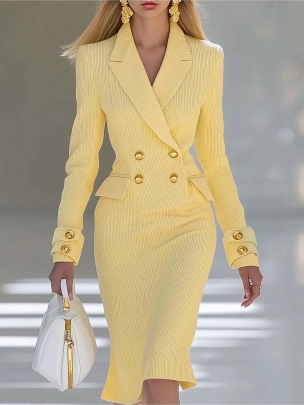OYROSY yellow rib knit double breasted gold tone buttons womens midi dress